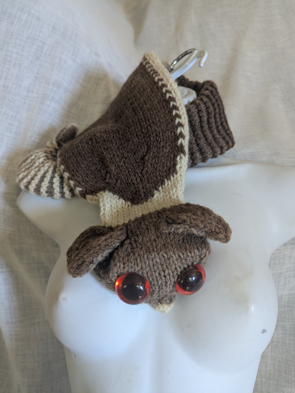 New Whimsical SLOTH Hand Knit Scarf in Brown and Cream - Picture 7 of 7